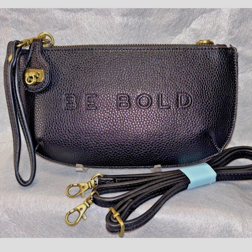 Demdaco BE BOLD Black Faux Leather Crossbody Wristlet Turnlock Zip Antique Brass